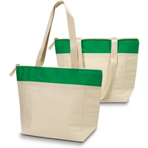 A cotton cooler tote in natural with a green top band, featuring two sturdy handles and a zip closure.
