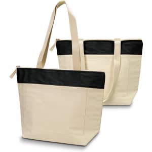 A cotton cooler tote in cream with a black top section and long handles, featuring a zipper closure and a simple logo.