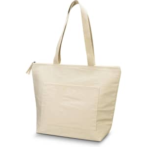 A beige cotton cooler tote with a zippered top and a front pocket. It has sturdy handles and features a logo.