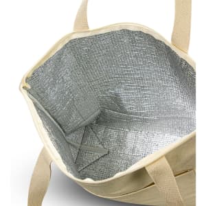A cotton tote with a silver insulated interior and beige outer fabric, featuring sturdy handles.