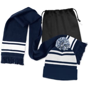 A navy scarf with white stripes and a matching beanie with a pom pom, accompanied by a black drawstring bag.