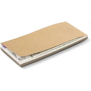 A watercolour bookmark pad featuring a thick brown cover with multiple white pages inside. It has a logo on the front.