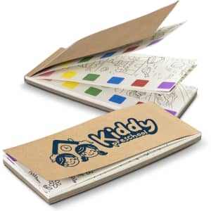A bookmark pad featuring a brown cover with a logo, and filled with colourful, blank, illustrated pages.