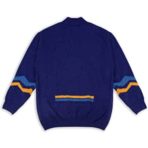 A blue knitted jumper featuring vibrant yellow and turquoise stripes on the sleeves and back.
