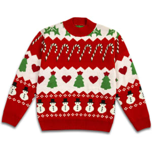 A red and white knitted jumper featuring snowmen, Christmas trees, candy canes, and hearts. Includes a logo.