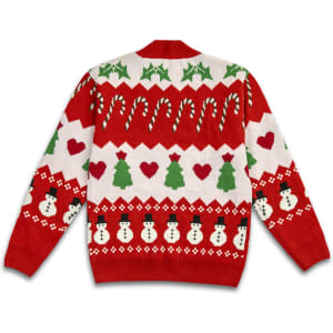 A red Christmas jumper featuring white snowmen, green trees, and festive patterns of hearts and candy canes.