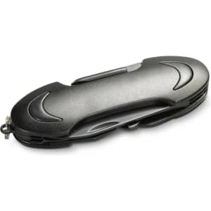 A black multi-function pocket knife with a sleek design and a small attached loop for easy carrying.