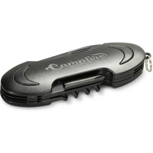 A black multi-function pocket knife with a shiny finish and a logo. It has various tools integrated into its design.