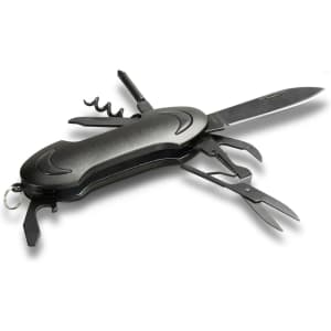 A black multi-function pocket knife featuring various tools including a knife, scissors, and a corkscrew.