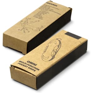 A brown cardboard box containing the Omni Multi-Function Pocket Knife, featuring illustrations on the packaging.