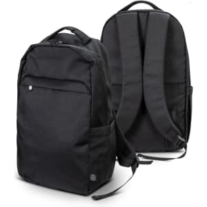 A black recycled backpack with adjustable straps and zippered compartments, featuring a logo on one side.