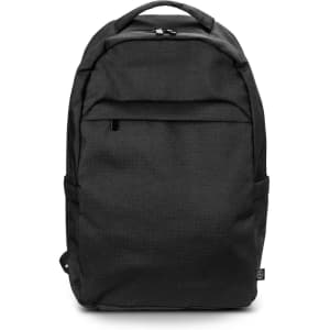 A black recycled backpack with a front pocket and side compartments, featuring a logo.