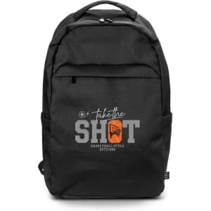 A black backpack with a logo featuring the words "take the SHOT" and an orange graphic.