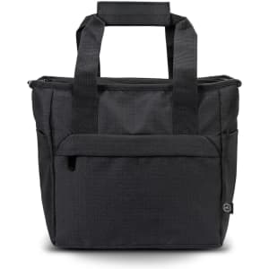 A black cooler bag with sturdy handles and a front pocket, featuring a logo on the side.