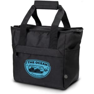 A black cooler bag with sturdy handles and a blue logo on the front, featuring a circular design.