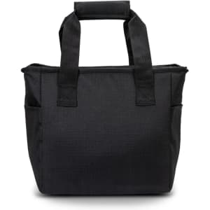 A black cooler bag with short handles and two side pockets, featuring a textured fabric. It has a logo on one side.