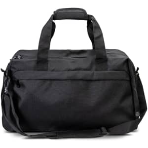 A black recycled duffle bag with dual handles and an adjustable shoulder strap. It features a logo.