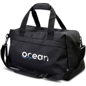 A black recycled duffle bag with handles and a removable shoulder strap. It features a logo on the side.