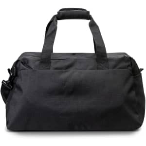 A black recycled duffle bag featuring sturdy handles and a zipper closure, with a logo on the side.