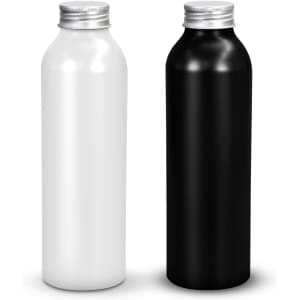 A drink bottle in black and white, featuring a sleek aluminium design with silver lids.