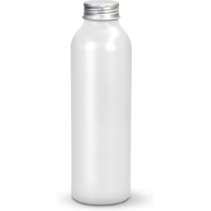 A drink bottle in a sleek white finish with a silver metal cap and a brand logo.