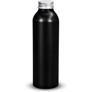 A drink bottle with a sleek black finish and a silver screw top lid, featuring a logo on the side.