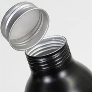 A drink bottle with a black body and a silver screw cap, featuring an open top.
