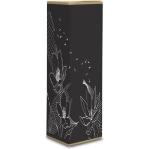 A tall patterned box featuring white floral illustrations on a black background, with a gold top edge.