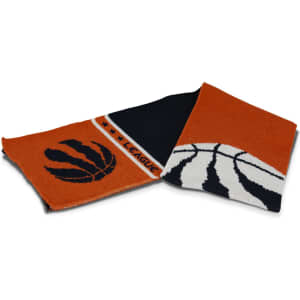 A custom knitted scarf featuring orange, black, and white designs, including a basketball motif and a logo.