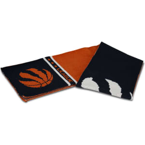 A custom knitted scarf featuring orange and black with a basketball motif and a logo.