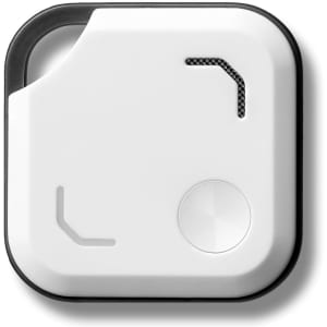 A white and black Bluetooth tracker with a sleek design and subtle details, featuring a branding logo.