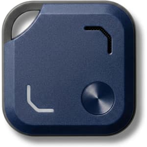A navy blue Bluetooth tracker featuring a circular button and angled design, with a small logo on one side.