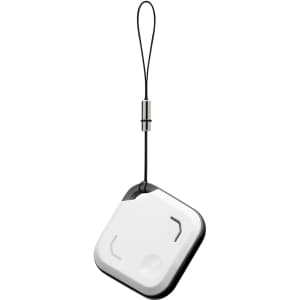 A square Bluetooth tracker in black and white with a loop for attachment. It features a small logo on the surface.