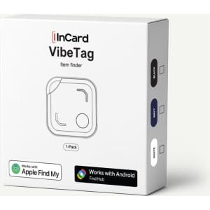 A white box containing a VibeTag Bluetooth tracker, featuring a simple design and logos for compatibility with Apple and Android devices.