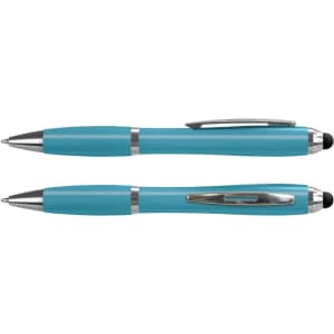 A stylus pen in teal with silver accents, featuring a pen at both ends and a branding logo.
