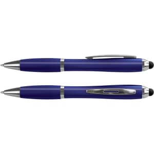 A stylus pen in vibrant blue with silver accents, featuring both a ballpoint and a touchscreen tip.