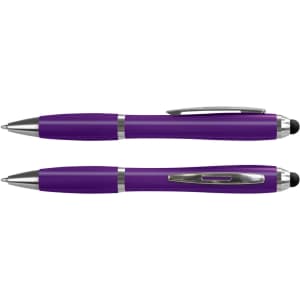 A purple stylus pen with a silver clip and accents, featuring both a ballpoint tip and a stylus tip.