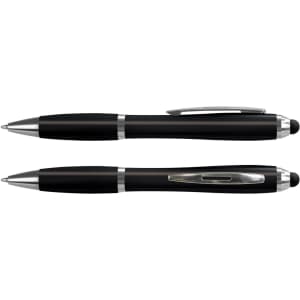 A stylus pen in black with silver accents, featuring a smooth body and a clip for easy attachment.