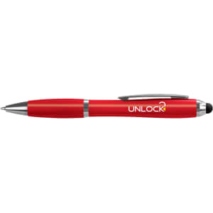 A red stylus pen with a sleek design and silver accents, featuring a logo.