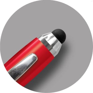 A stylus pen with a red barrel and a black tip, featuring a silver clip. It has a sleek design.