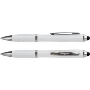 A stylus pen in white with silver accents, featuring a logo. Two pens are displayed.