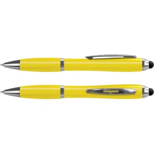 A yellow stylus pen with a shiny silver clip and accents. The product features a smooth finish and branding.