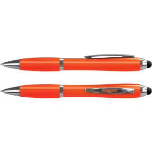 A set of orange stylus pens with silver accents and logos, featuring smooth writing tips and touch screen compatibility.