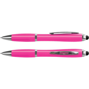 A pink stylus pen with a shiny silver clip and detailing, featuring a dual-tip design.