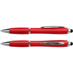 A red stylus pen set featuring a sleek design with chrome accents and a branding logo.