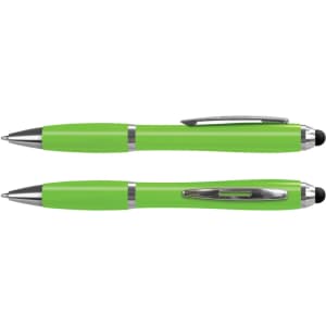 A green stylus pen with a shiny silver clip and matching trim, featuring a ballpoint tip and stylus end.