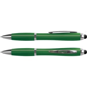A green stylus pen with silver accents, featuring both a ballpoint and a touch screen end, alongside another similar pen.