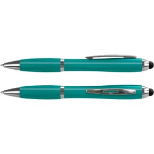 A stylus pen in a vibrant teal colour, featuring a sleek design and a silver clip. It has a logo on the body.