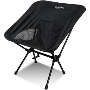 A lightweight folding chair in black with a mesh side panel and a sturdy metal frame. It features a branding logo.