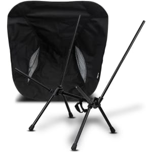 A black lightweight folding chair with a mesh back and adjustable legs, featuring a simple and compact design.